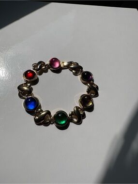Vintage Gold Jewel Tone Cabochon Bracelet Loop Chainlink Gripoix Mogul Gemstones